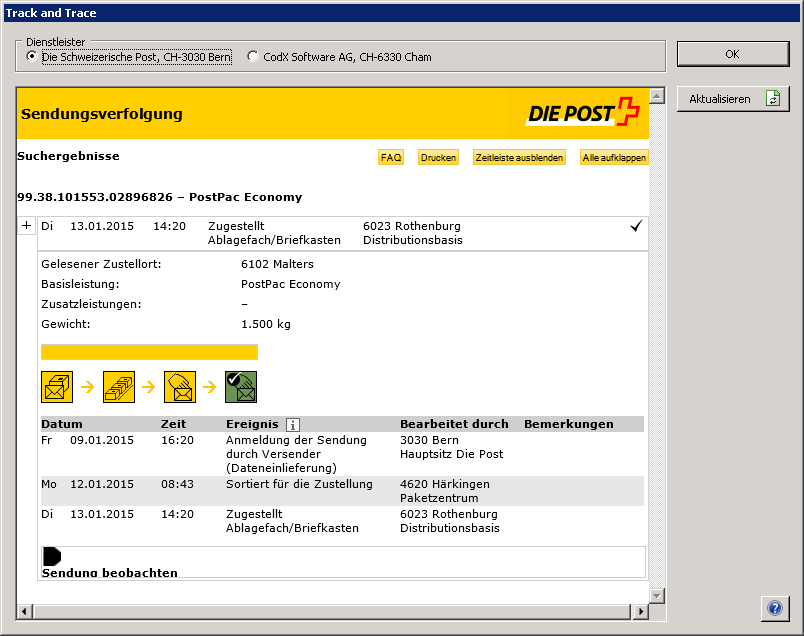 Direkte Anbindung an Sendungsverfolgung DIE POST für Einschreiben