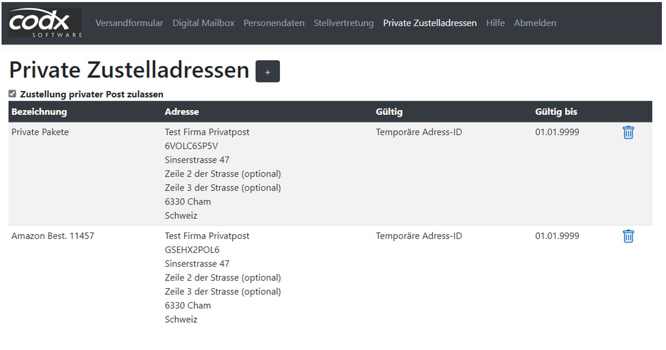 Intranet WebApp Private Zustelladressen