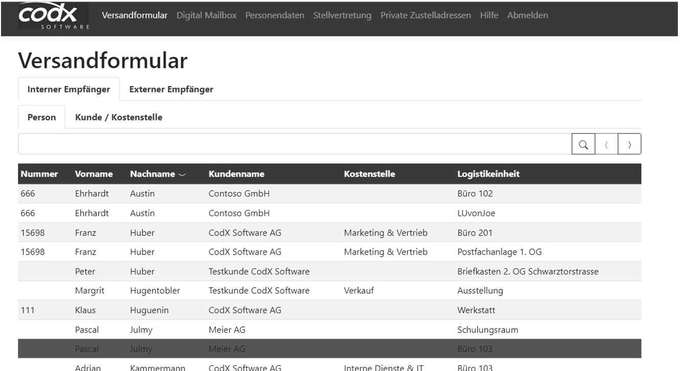 Intranet WebApp Versandformular